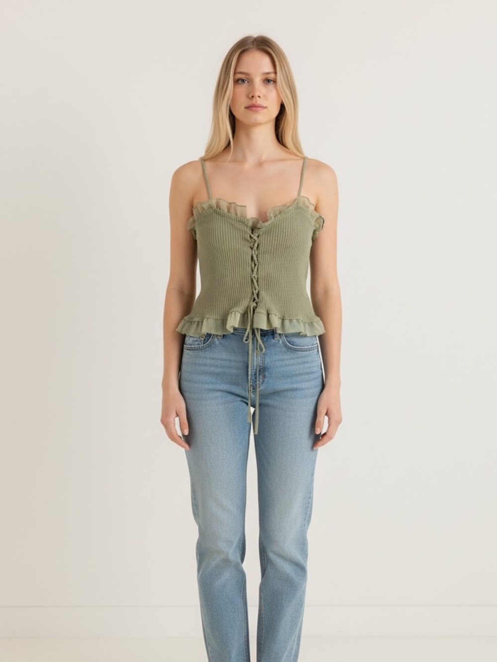 Olive Green Ruffle Lace-Up Cami Top